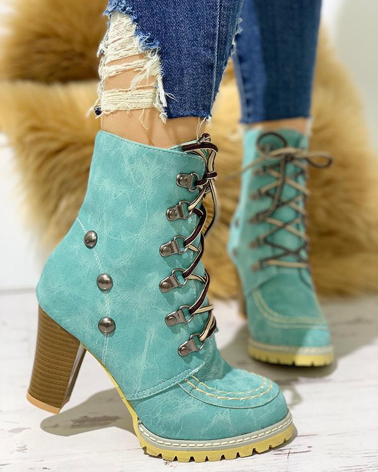 

Rivet Lace-Up Eyelet Chunky Heeled Boots, Blue