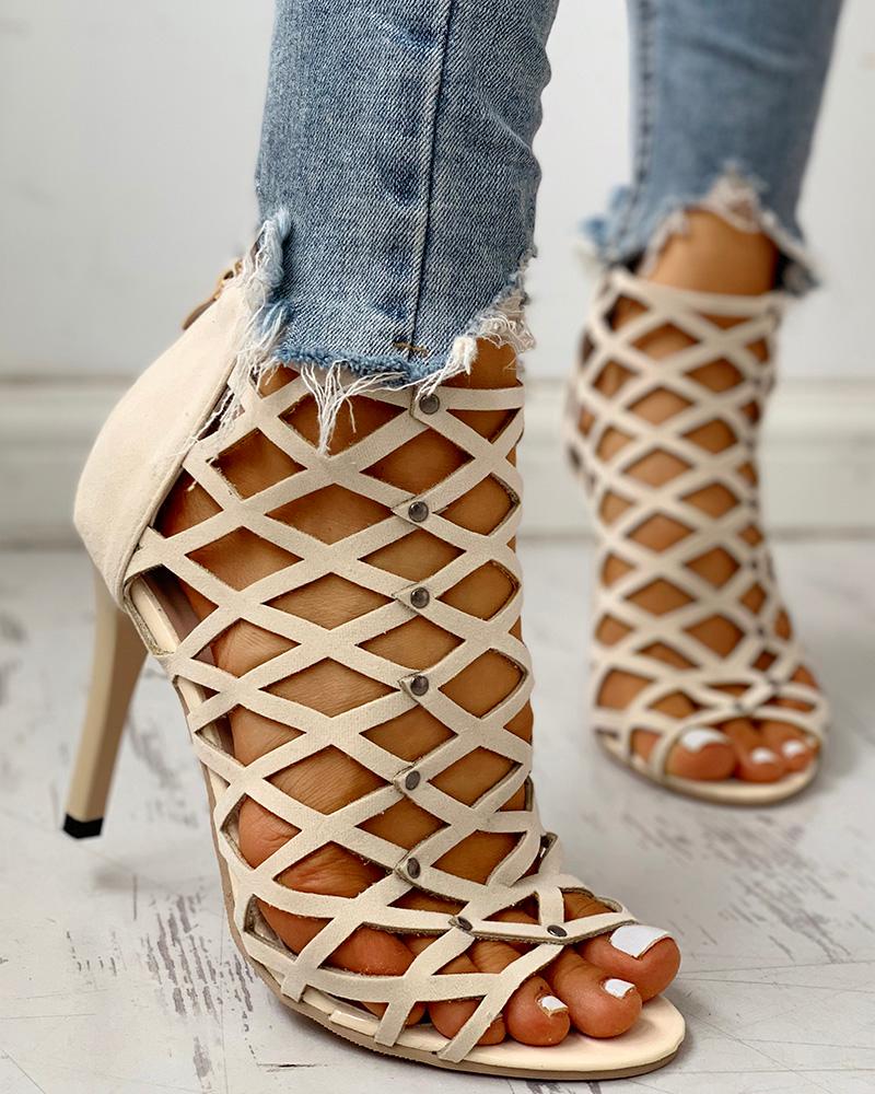 

Peep Toe Hollow Out Thin Heeled Sandals, Beige