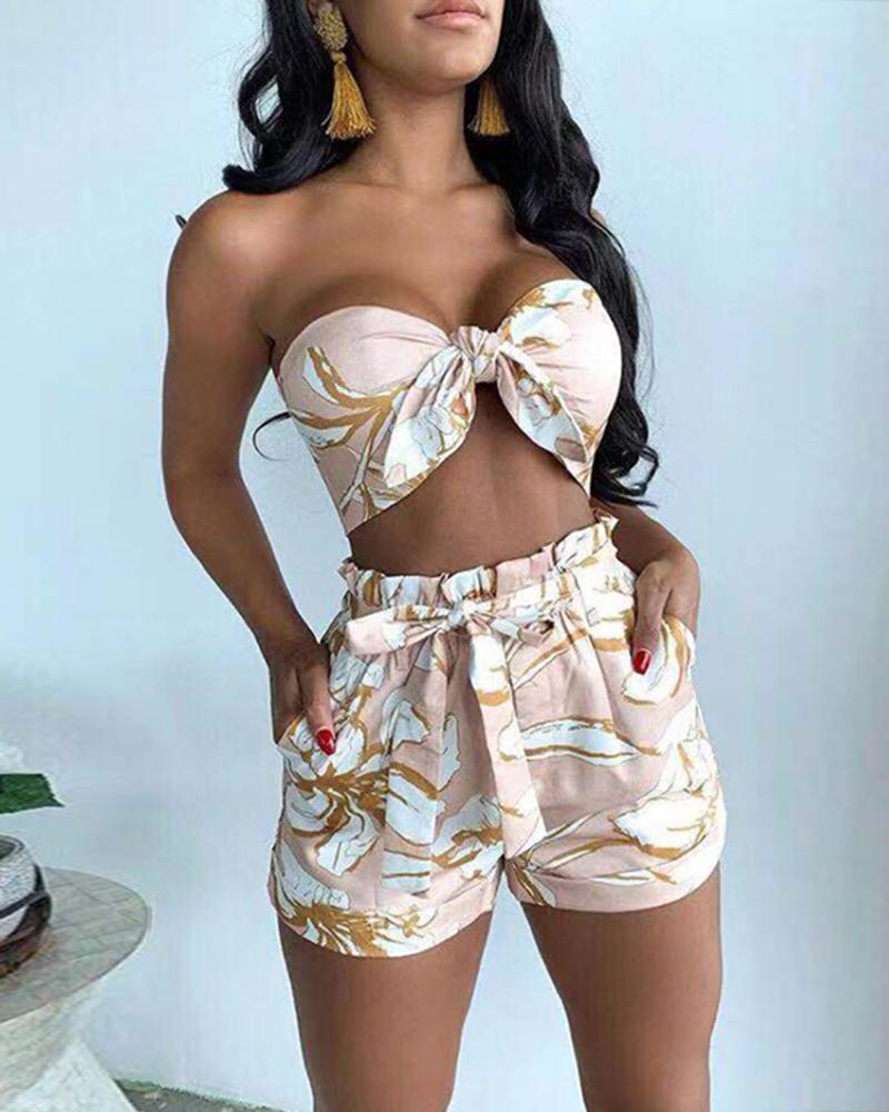

Abstract Print Knot Front Bra Top & Short Set, Pink