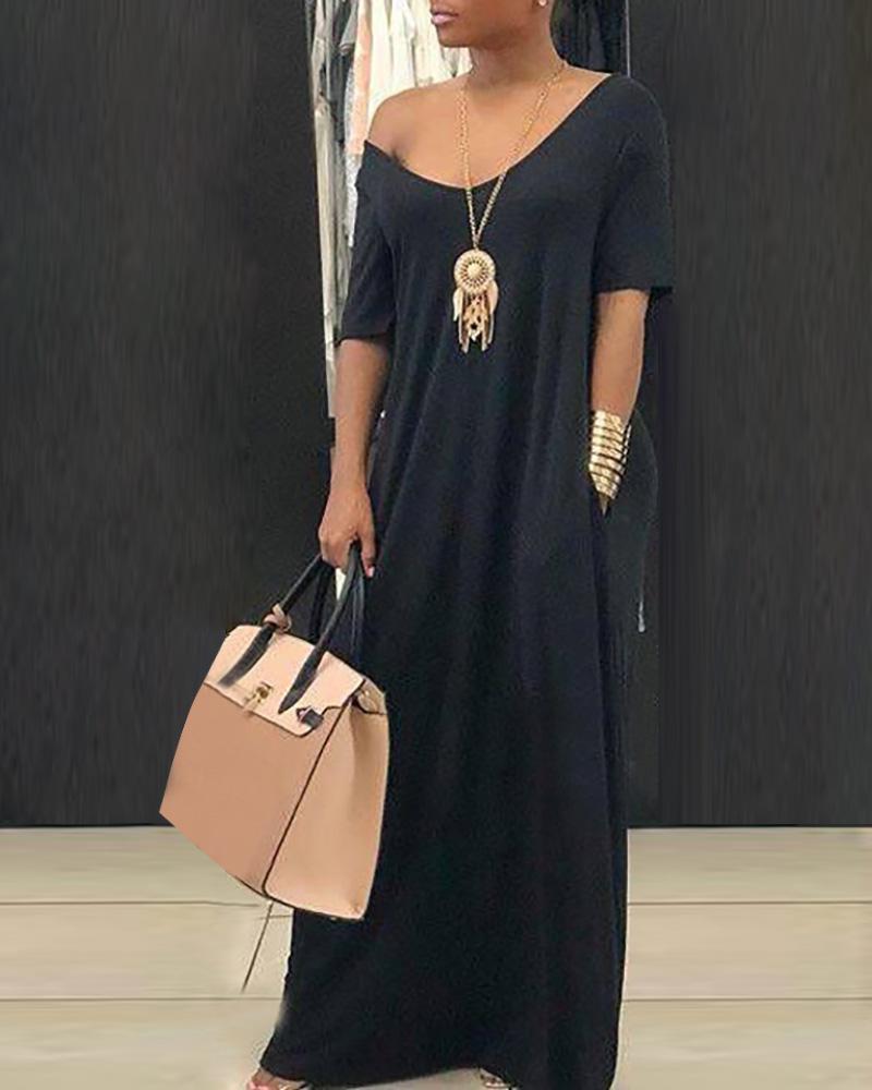 

Short Sleeve V-neck Casual Dress, Black