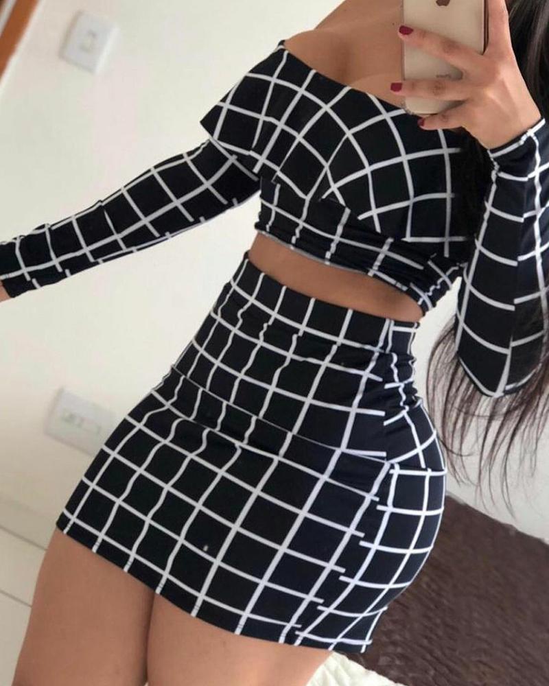 

Plaid Long Sleeve Off Shoulder Top With Mini Dress Suit Sets, Black