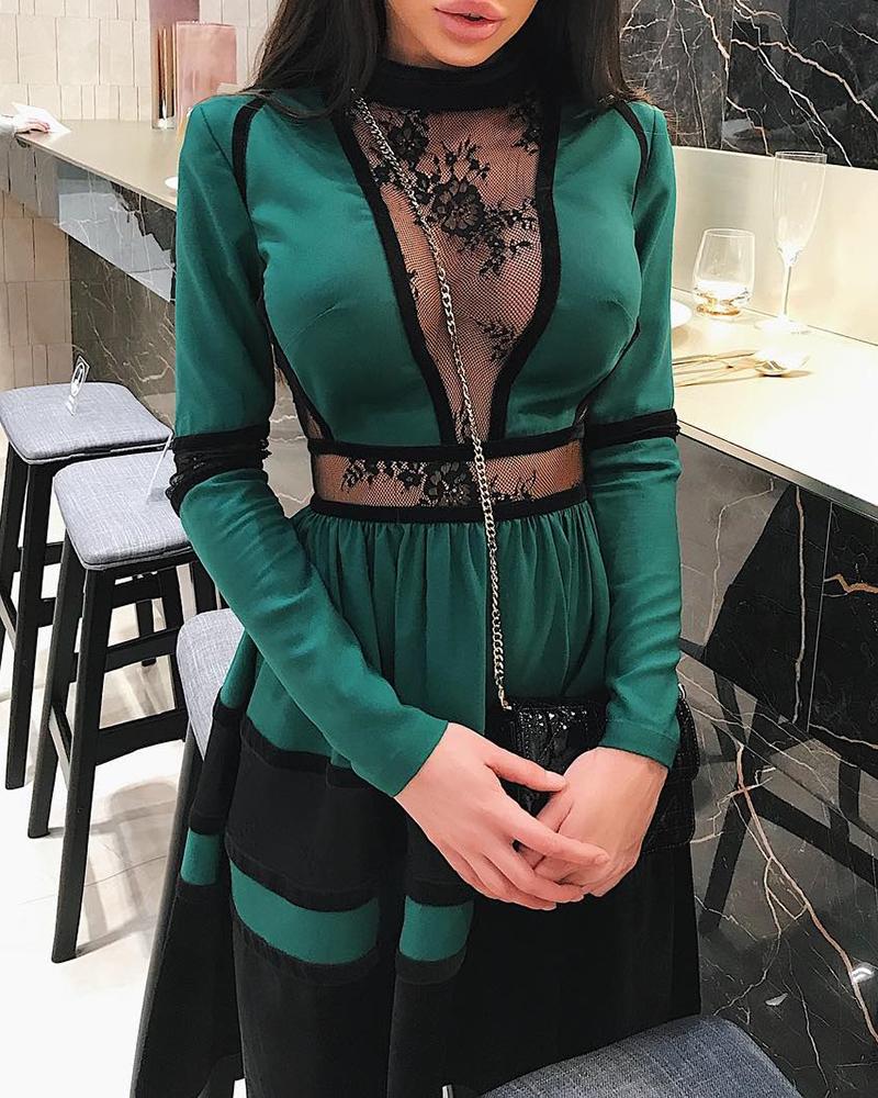 

Mock Neck Sheer Lace Insert Colorblock Ruched Dress, Green