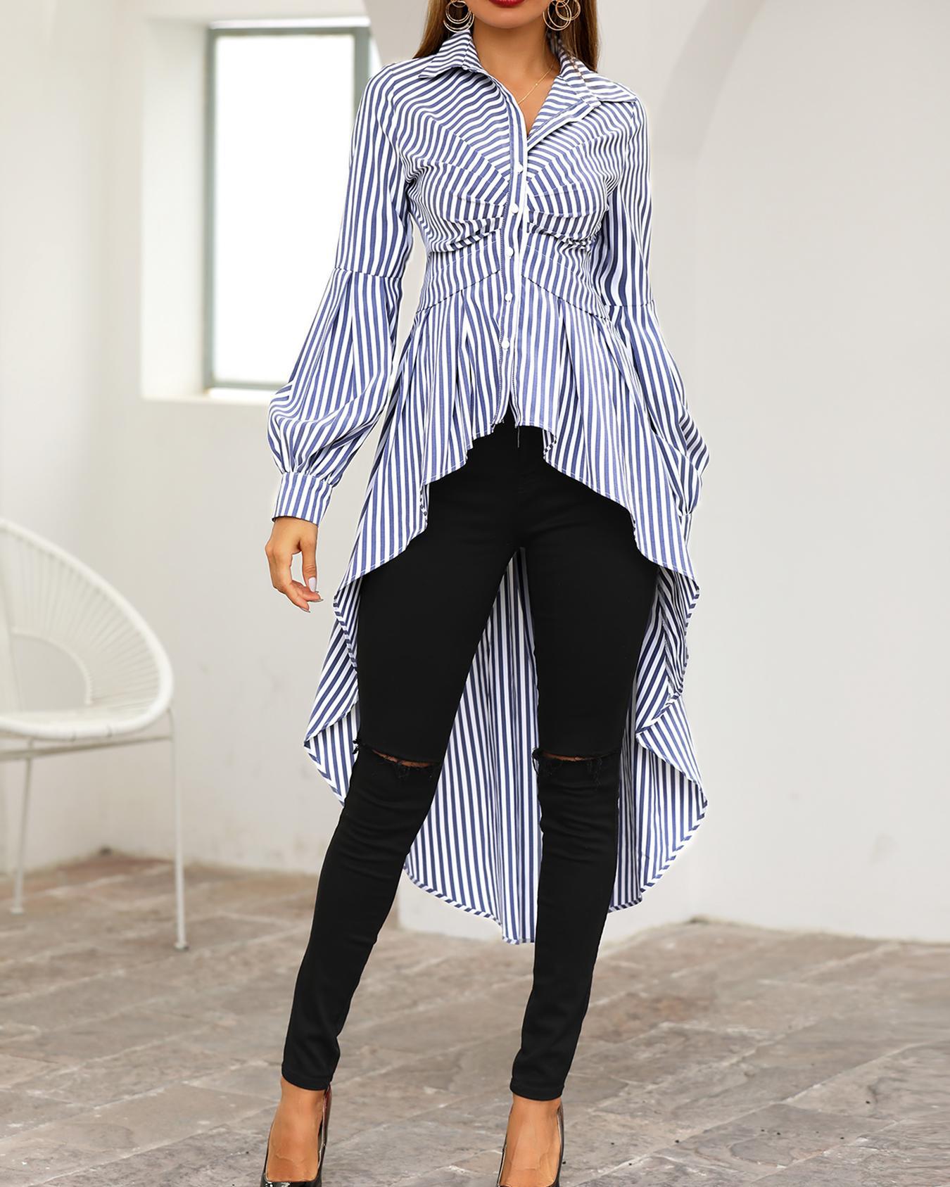 

Striped Lantern Sleeve Dip Hem Blouse, Blue