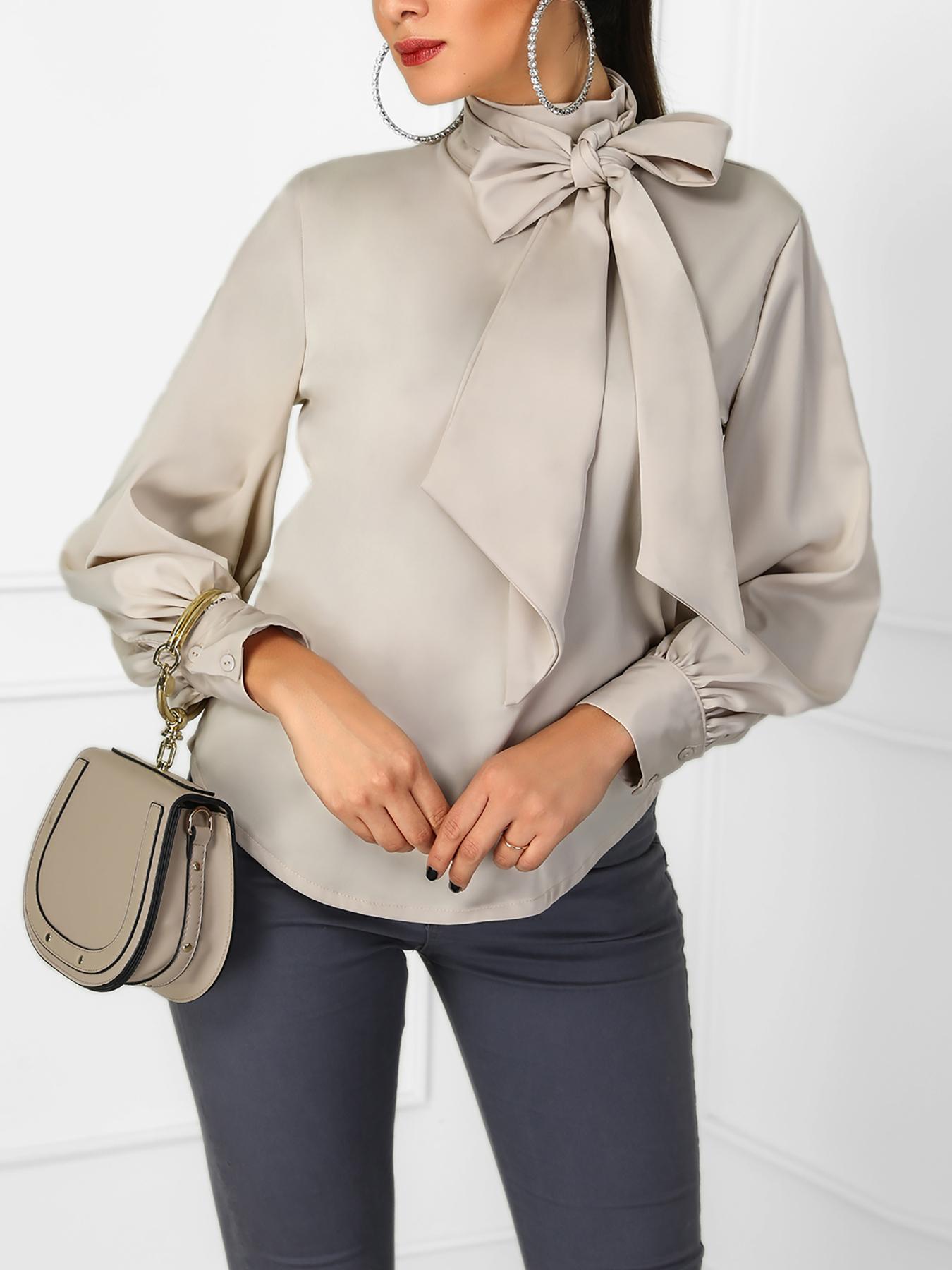 

Lantern Sleeve Tied Neck Casual Shirt, Apricot