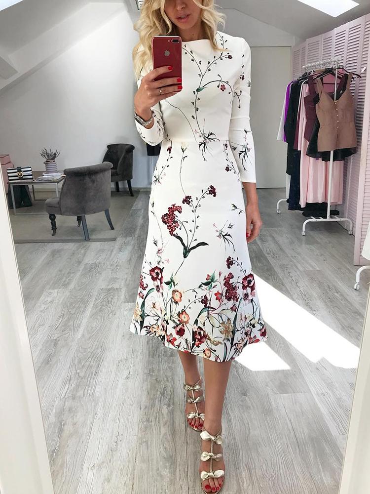 

Fashion Floral Print Casual Dress, White