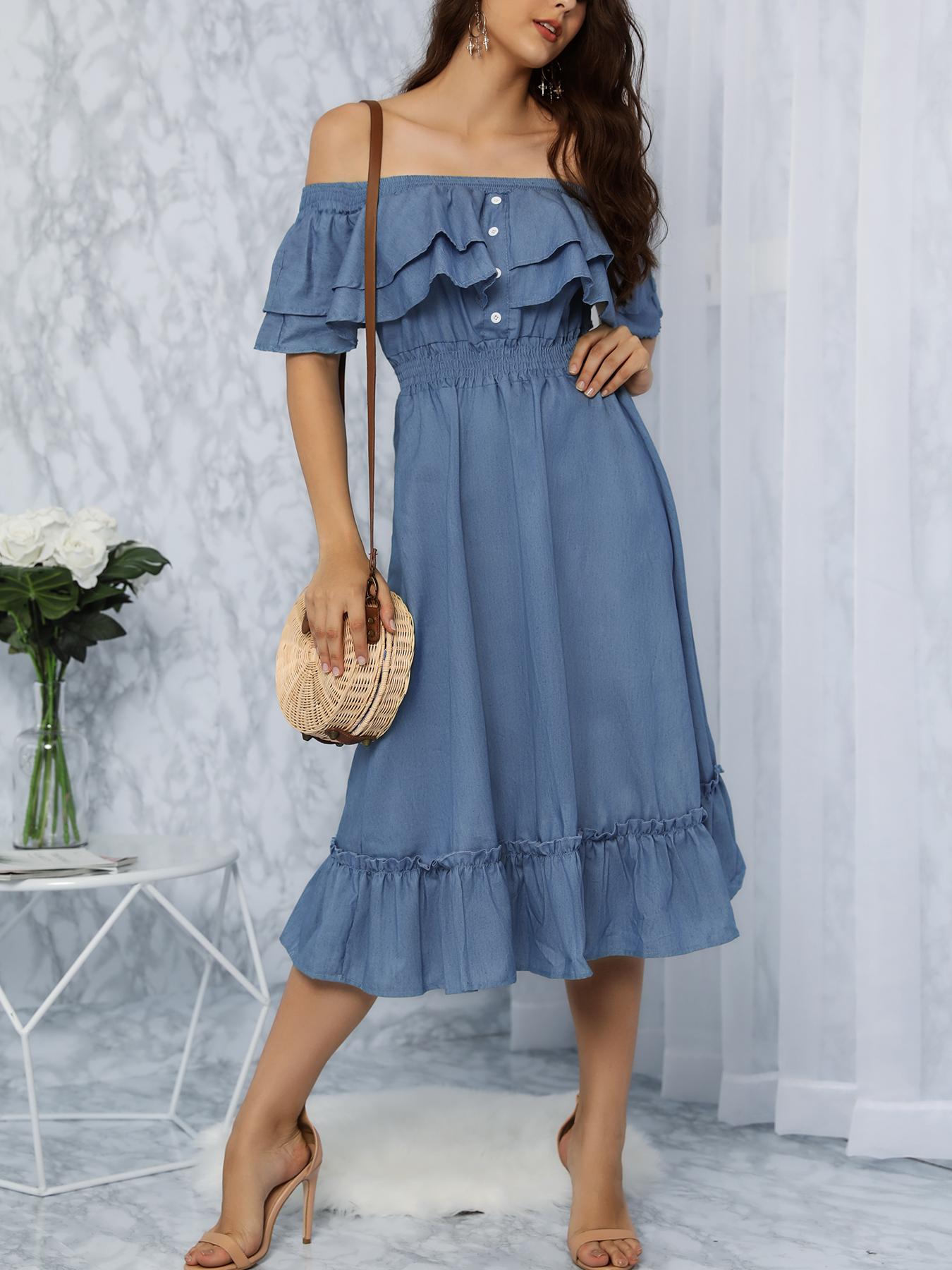 

Off Shoulder Layered Ruffles Denim Casual Dress, Blue