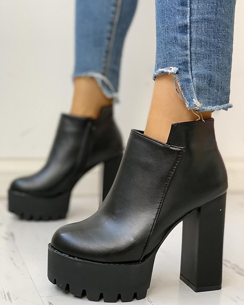 

Solid Platform Chunky Heeled Boots, Black
