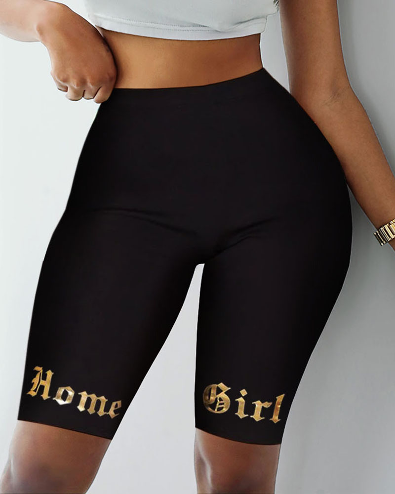 

High-Rise Letter Graphic Biker Shorts, Black