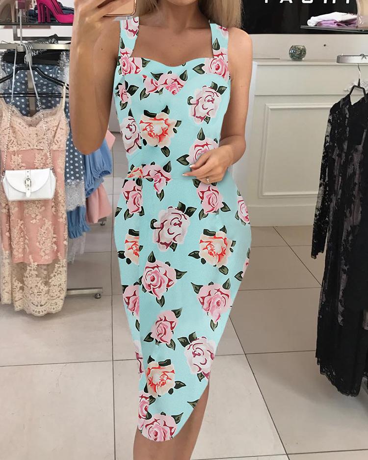 

Floral Print Sweetheart Neck Bodycon Dress, Light blue