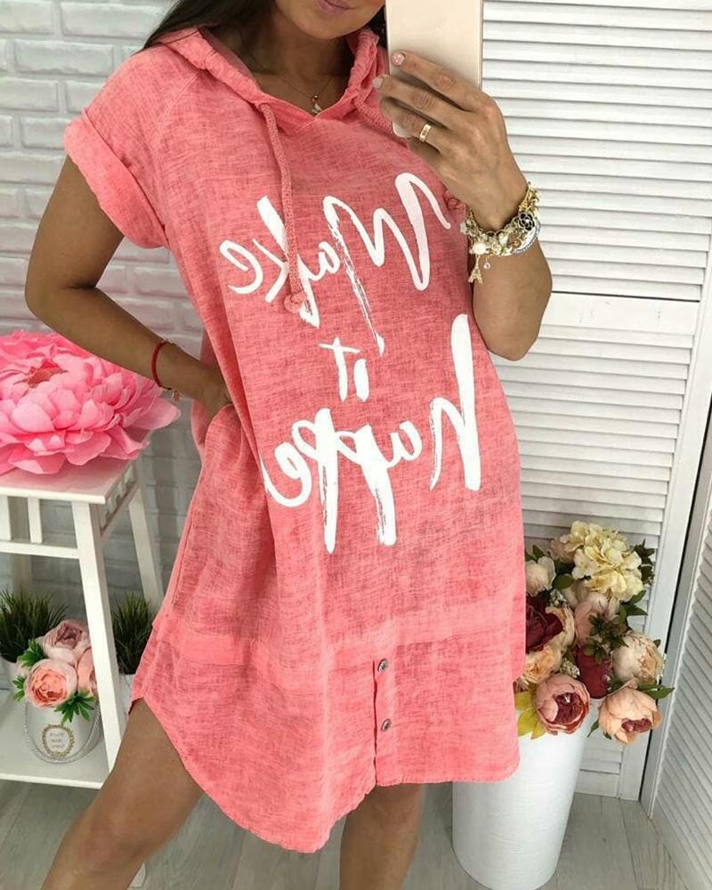 

Letter Print Hooded Button Design Casual Dress, Pink
