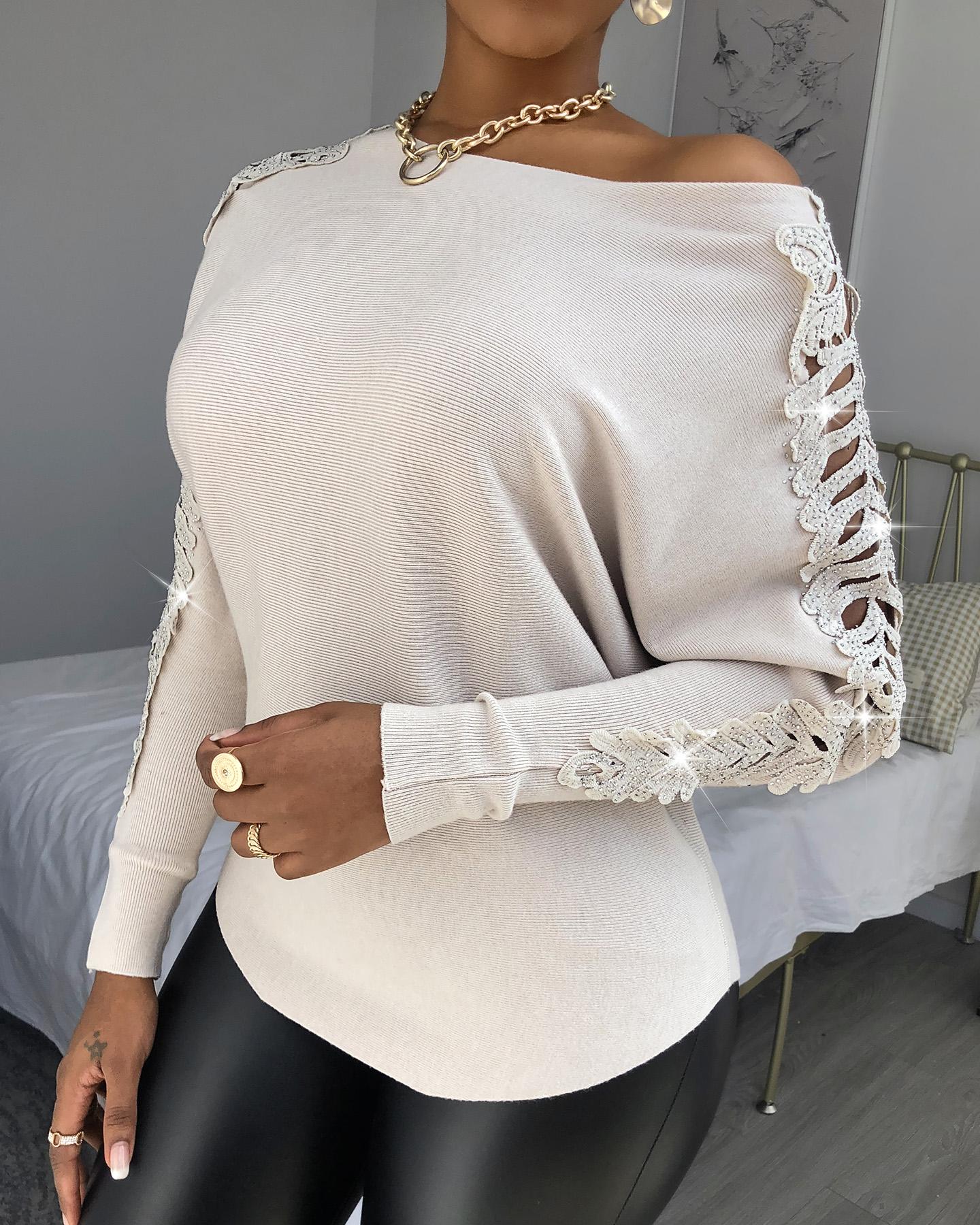 

Contrast Lace Cutout Knit Top, White