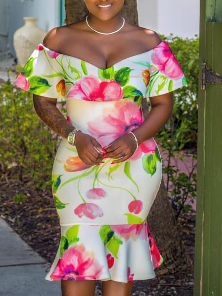 

Floral Print Off Shoulder Fishtail Bodycon Dress