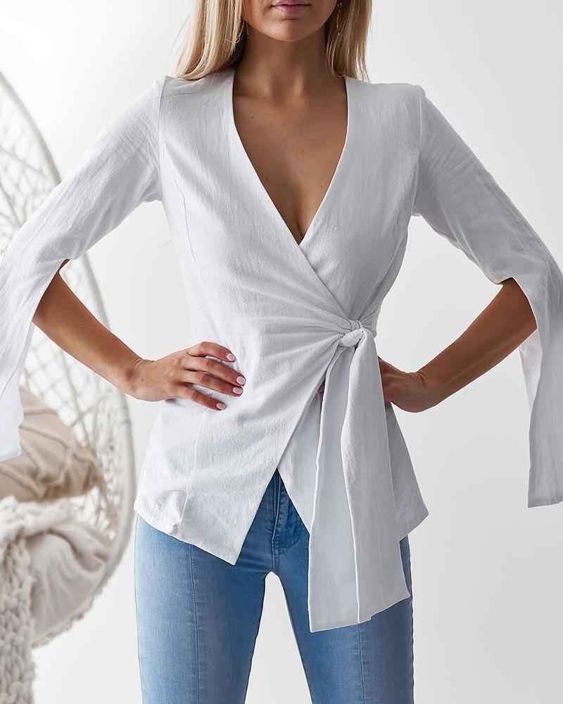 

V Neck Slit Cuff Surplice Wrap Tied Blouse, White