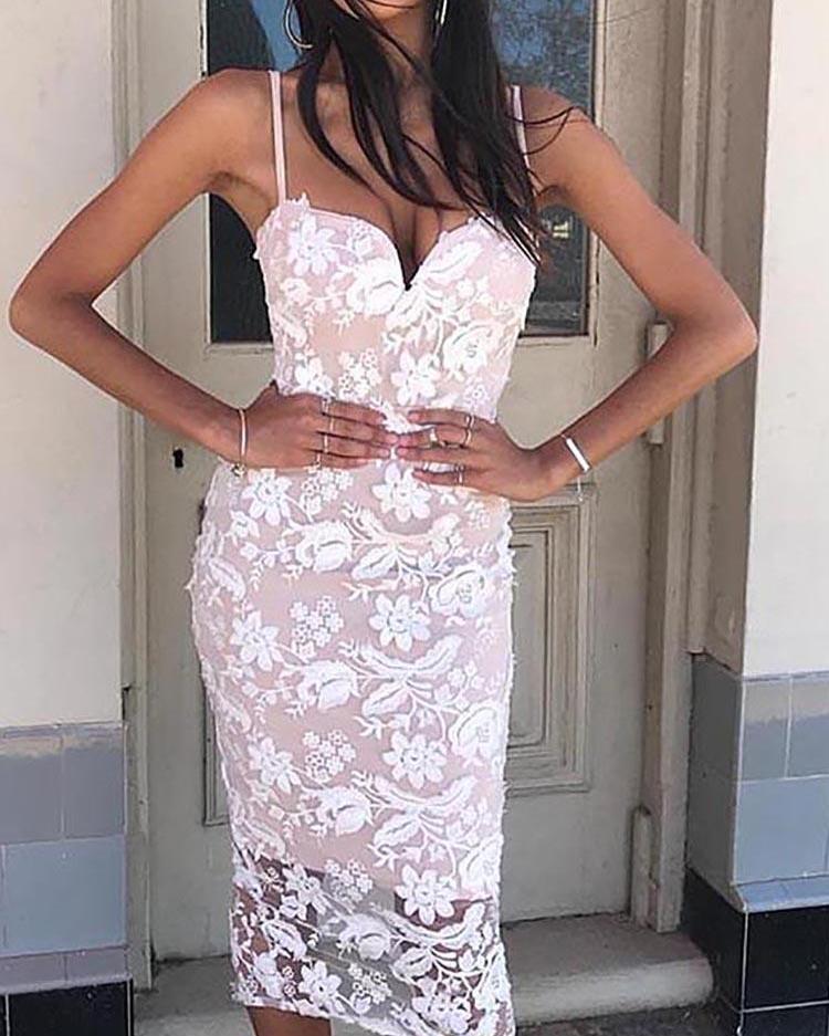 

Sweetheart Neck Embroidery Lace Slip Dress, White