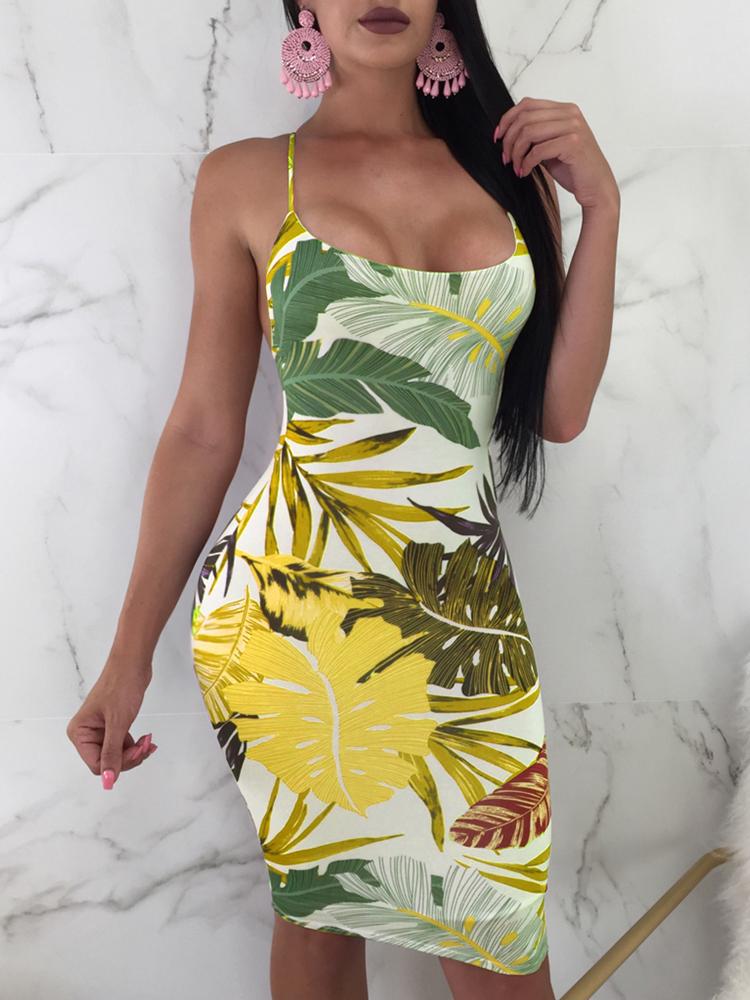 

Leaf Print Backless Crisscross U Neck Slip Dress, Yellow