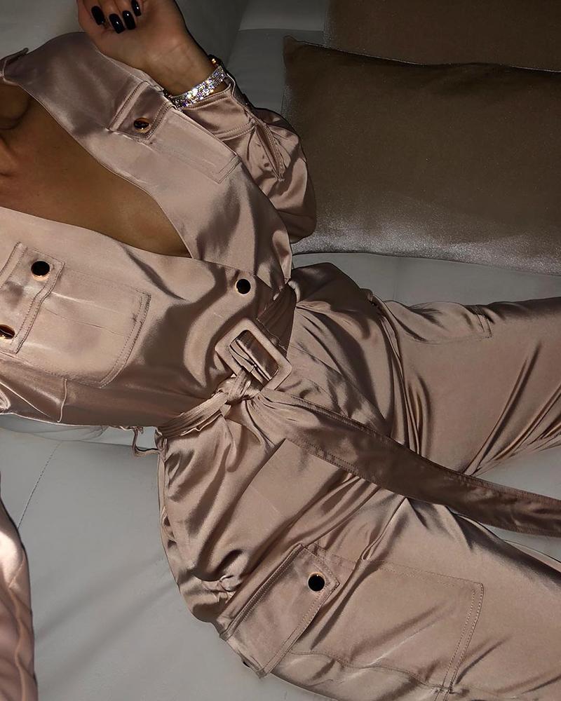 

V Neck Pocket Design Cargo Jumpsuit, Khaki