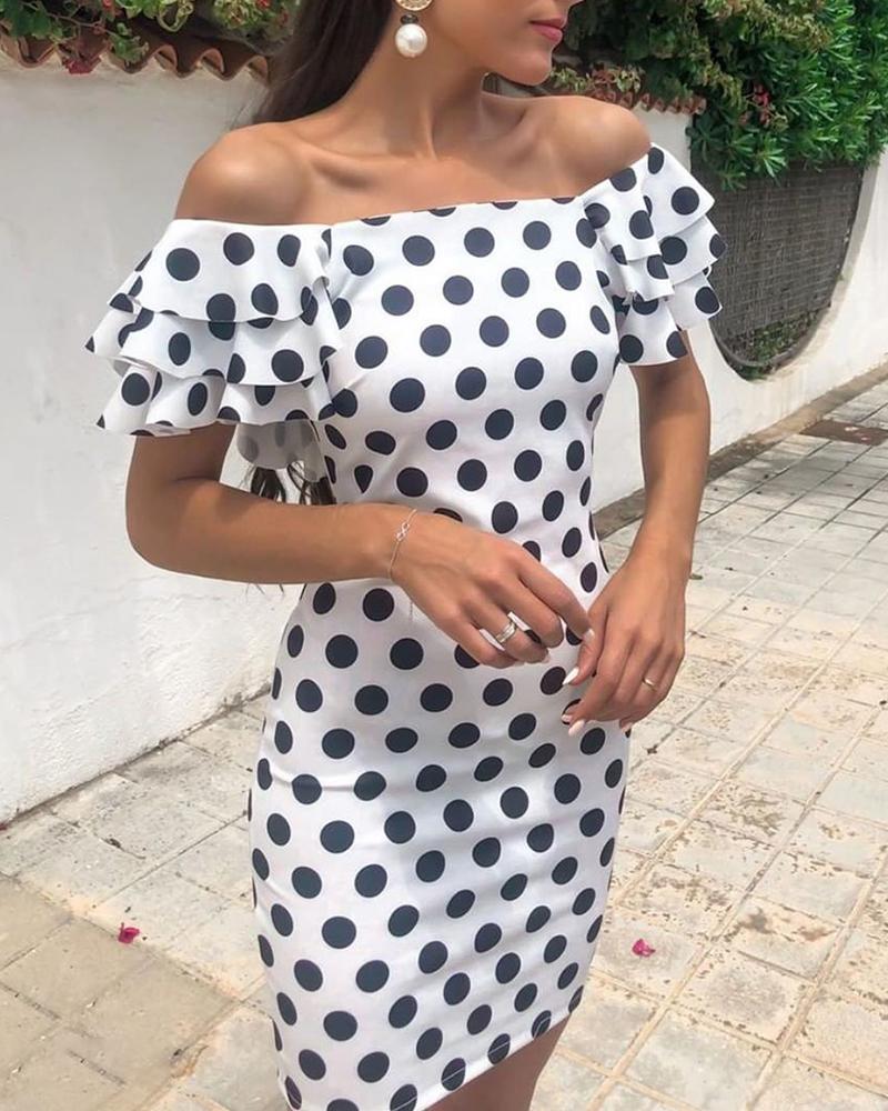 

Off Shoulder Dots Print Ruffles Dress