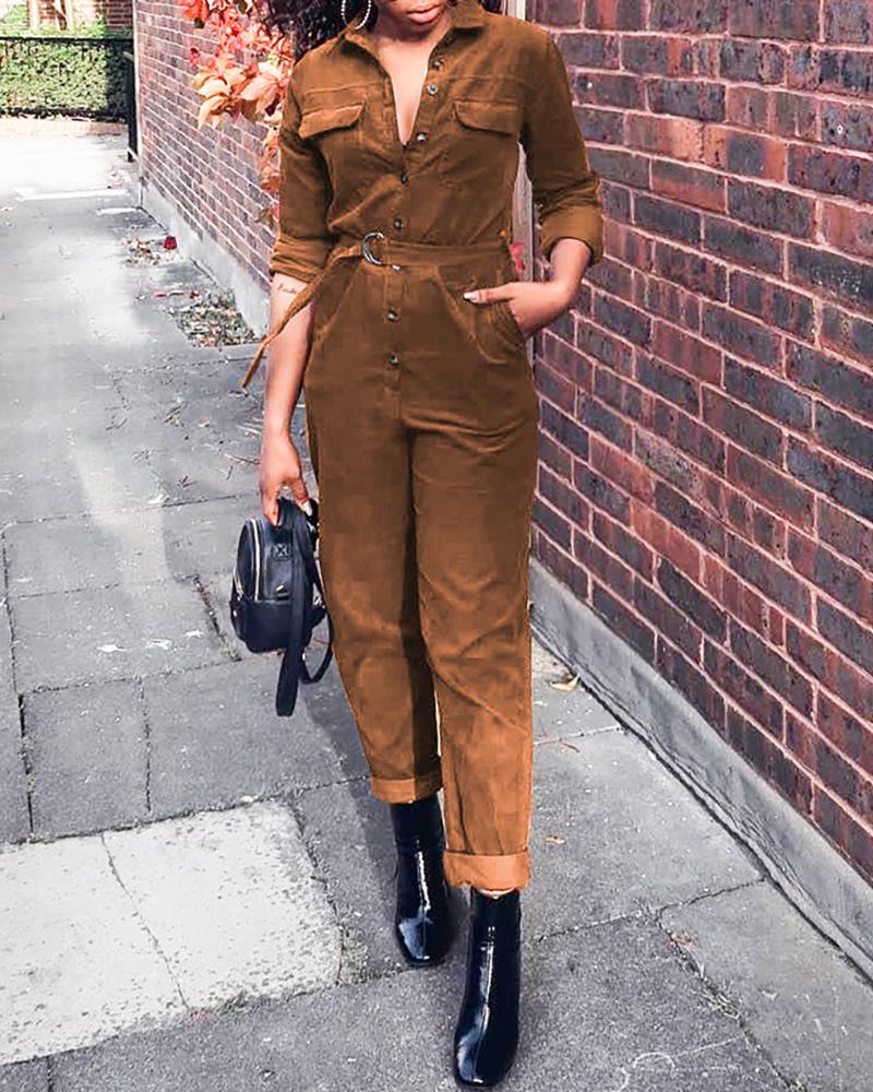 

Solid Long Sleeve Buttoned Design Belted Jumpsuit, Khaki