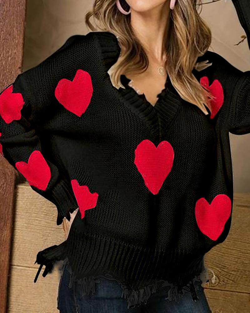 

Heart Print Tassel Design Sweater, Black