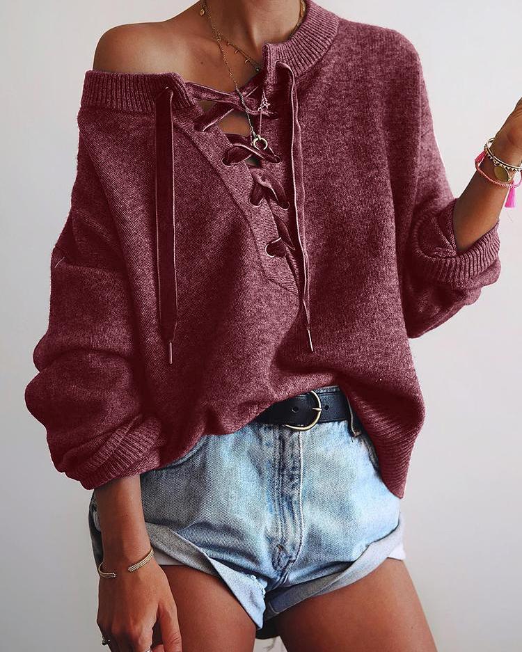 

Solid Eyelet Lace-Up Elastic Hem Sweater - Wine Red