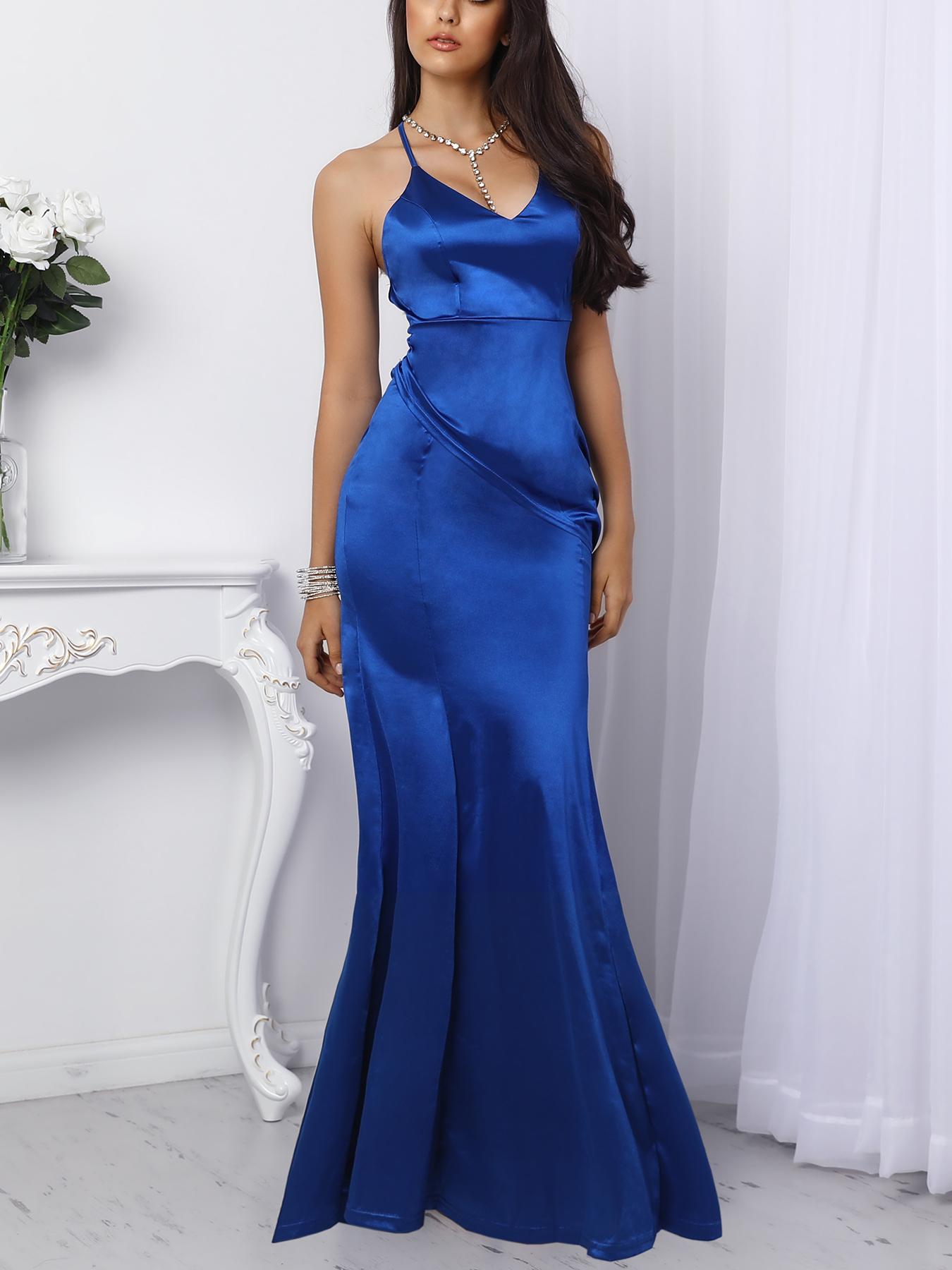 

Solid Crisscross Open Back Ruched Maxi Prom Dress, Gold