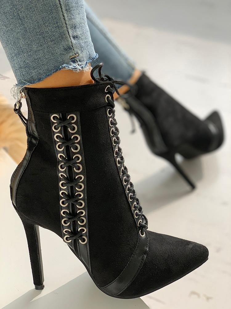 

Lace-Up Eyelet Thin Heeled Boots, Black