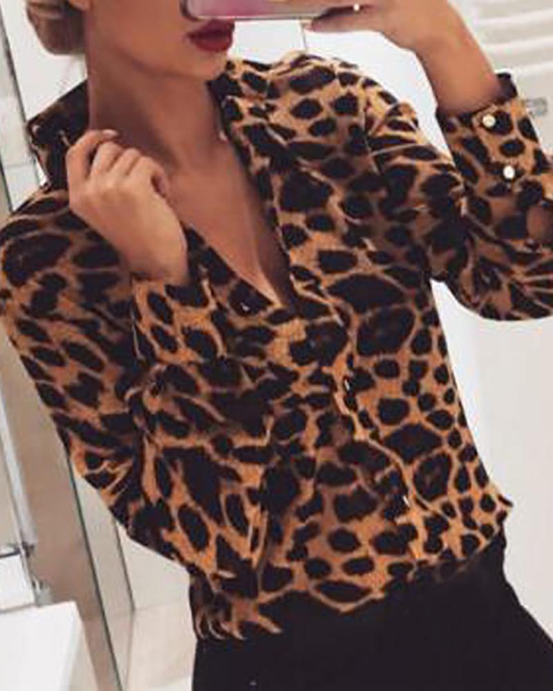 

Button Design Long Sleeve V Neck Shirt, Leopard