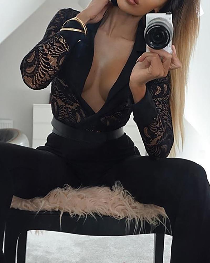 

Eyelash Lace Long Sleeve Plunge Bodysuit, Black