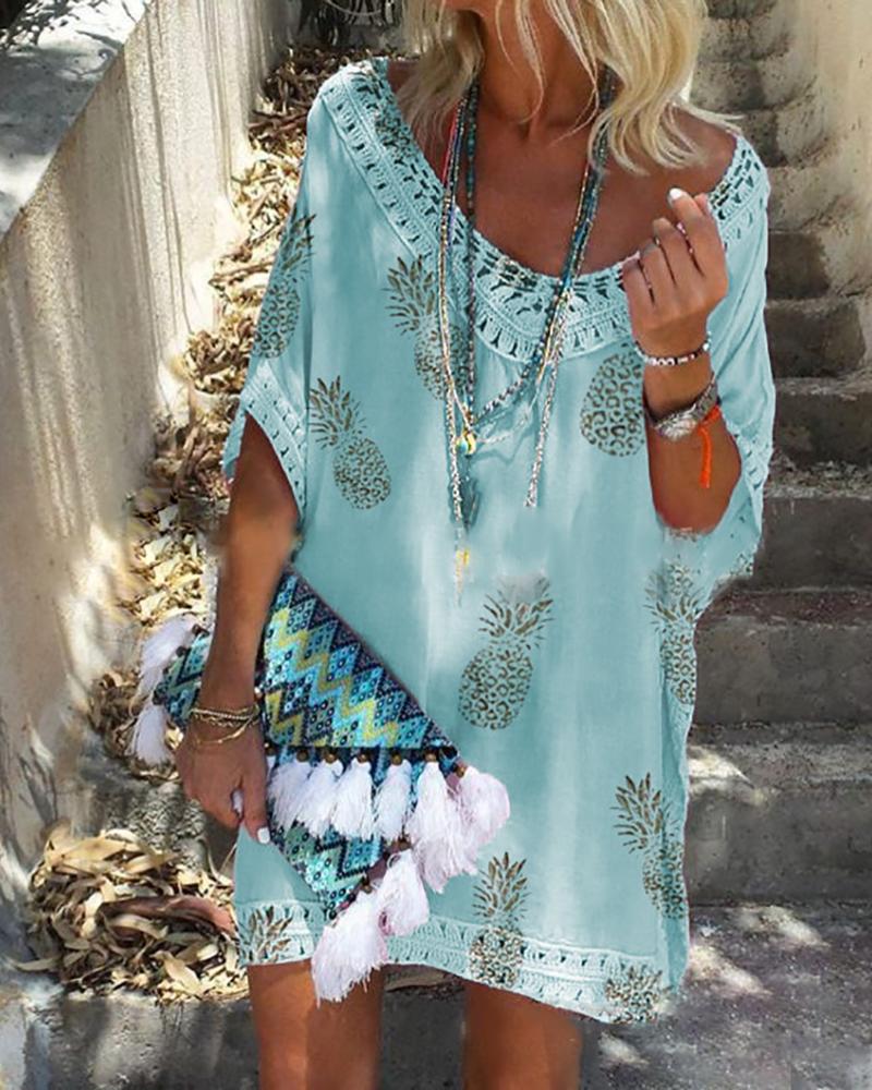

Lace Trim Pineapple Print Hollow Out Dress, Light blue