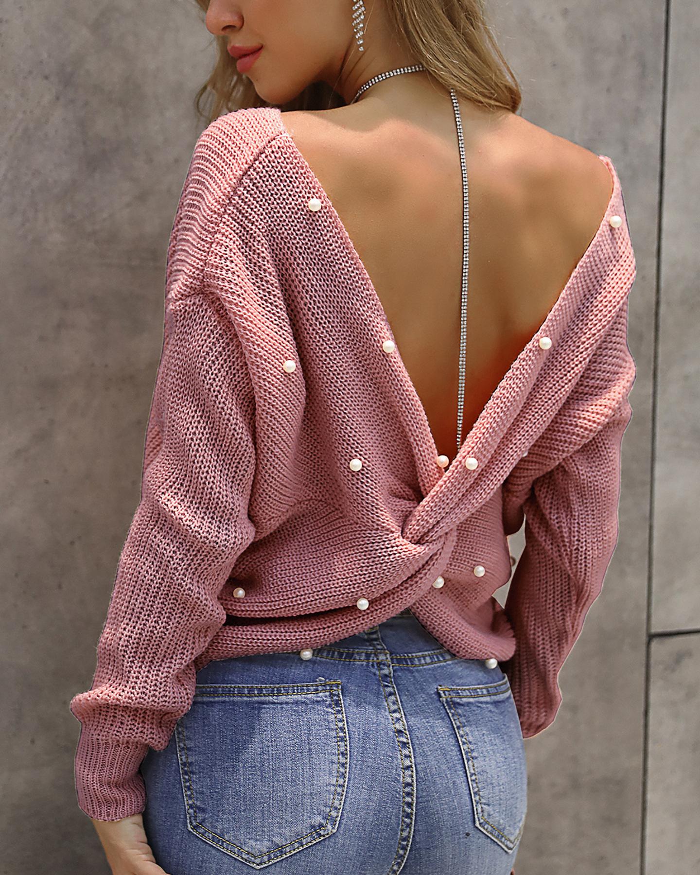 

Beaded Twisted Design Knitting Sweater, Pink