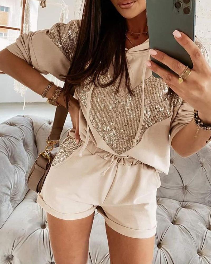 

Hooded Long Sleeve Sequins Top & Shorts Set, Apricot