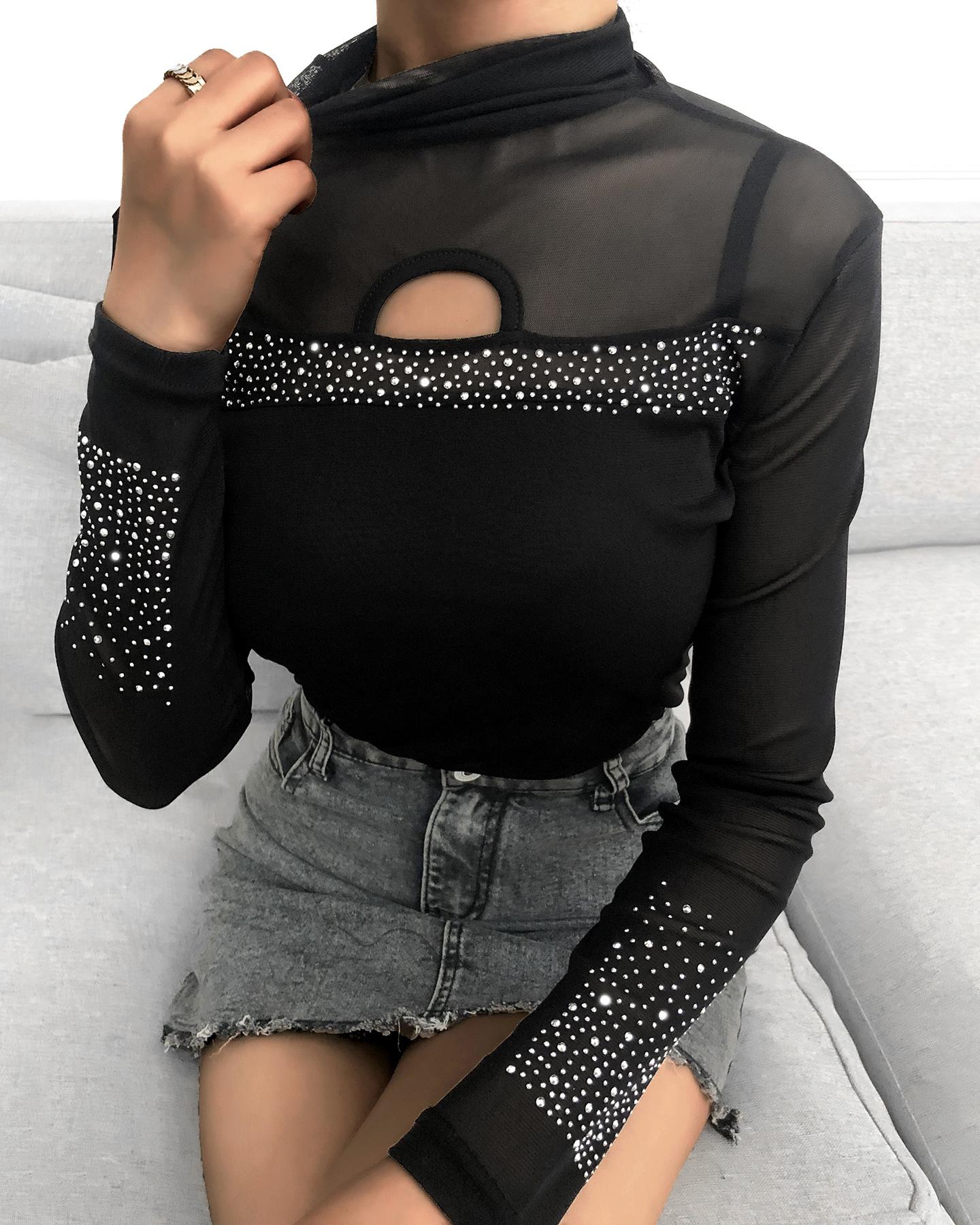 

Long Sleeve Sheer Mesh Cutout Studded Top, Black