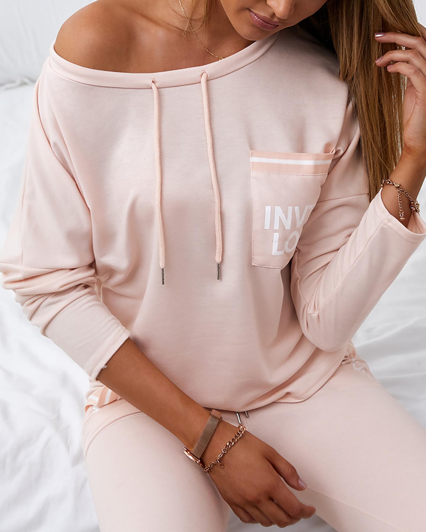 

Letter Print Drawstring Pocket Top & Pants Set, Pink