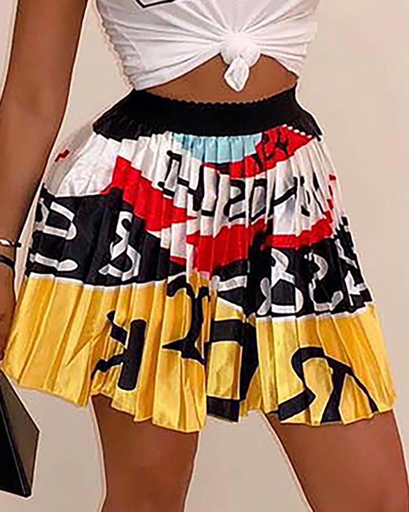 

High Waist Printed Pleated Mini Skirt, Yellow