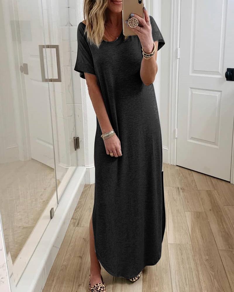 

Solid Short Sleeve Casual Dress, Black