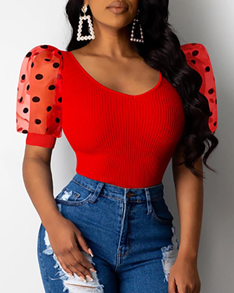 

Dot Mesh Puff Sleeve Ribbed Blouse, Red