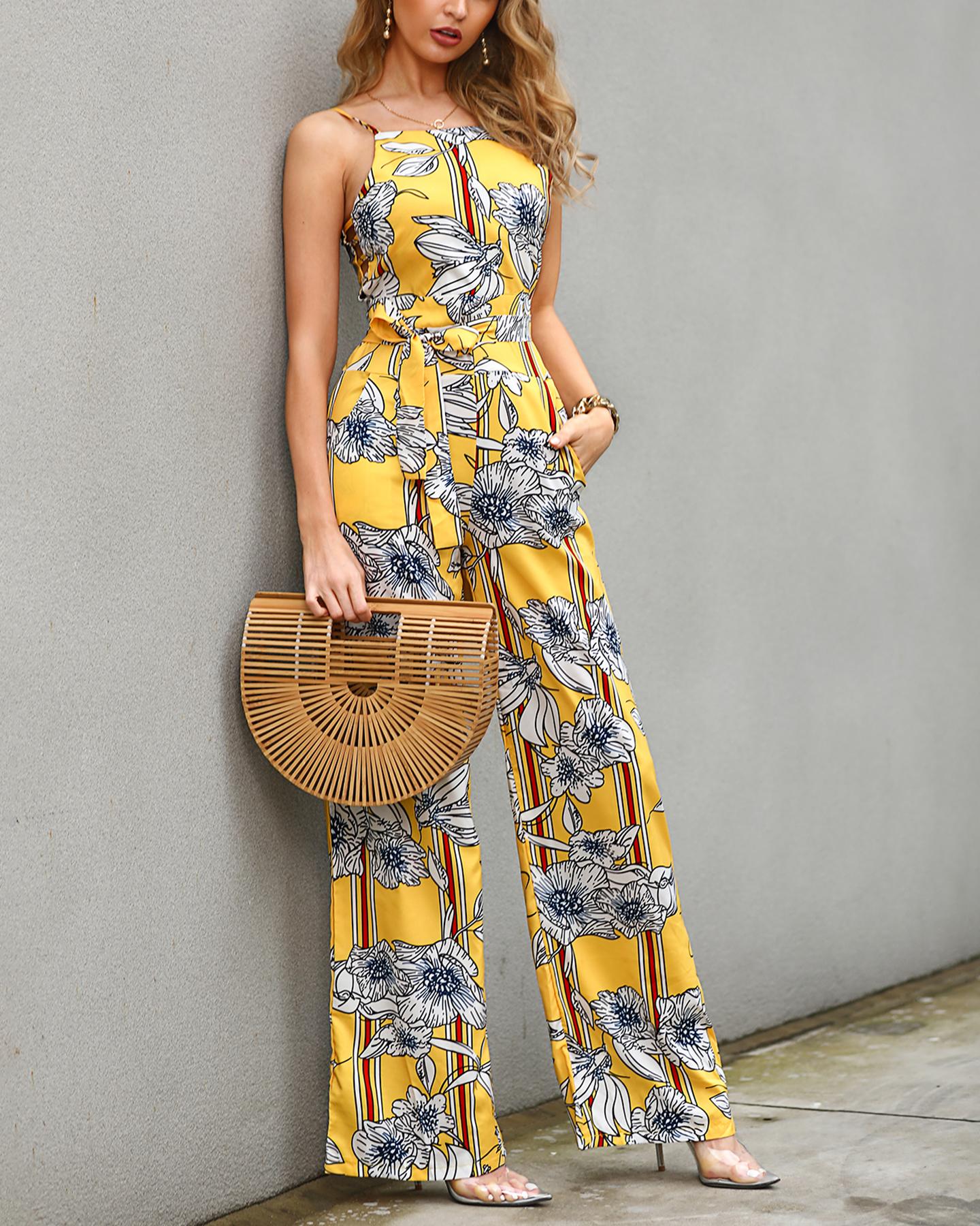 

Tropical Print Spaghetti Strap Jumpsuit, Yellow
