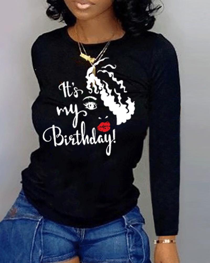 

Letter Figure Print Long Sleeve Casual T-shirt, Black