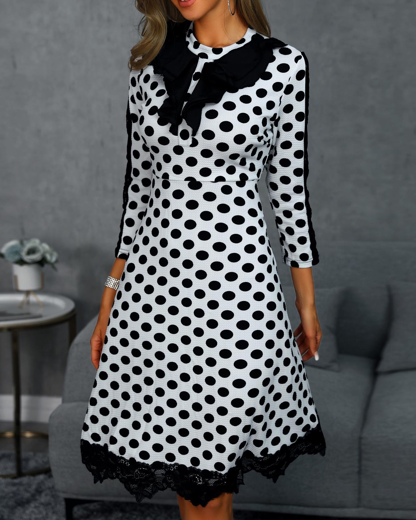 

Dot Lace Insert Long Sleeve Dress