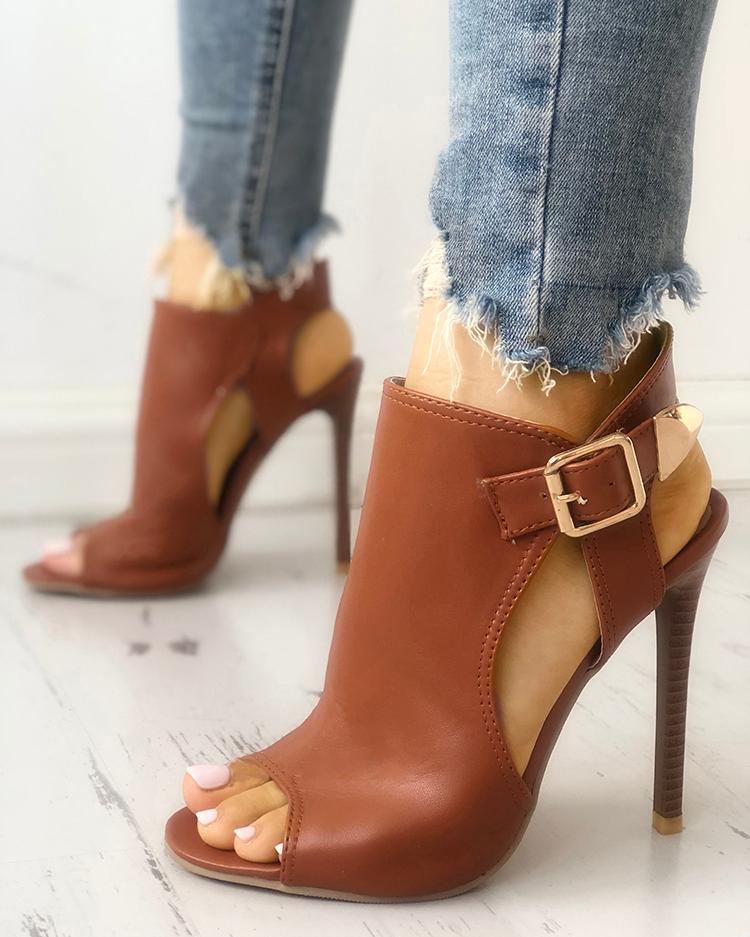 

Peep Toe Cut Out Buckled Thin Heeled Sandals, Brown