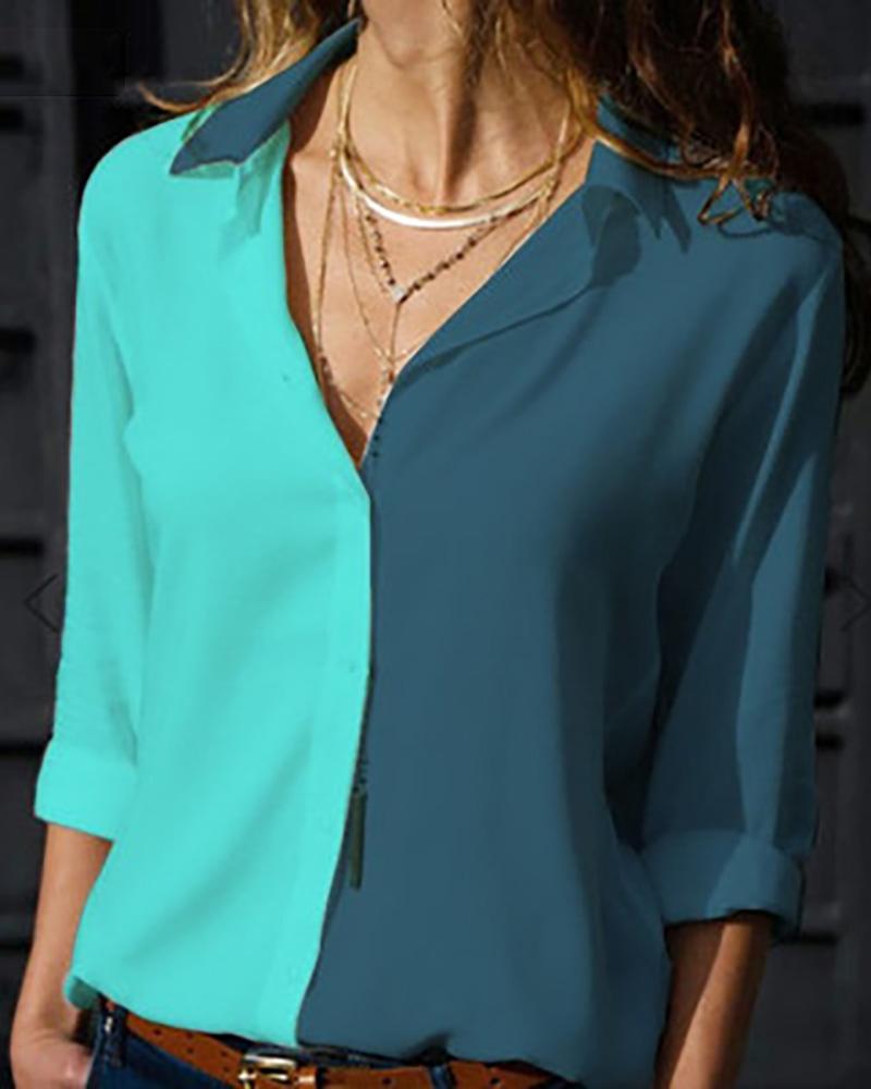 

V-Neck Long Sleeve Contrast Color Shirt