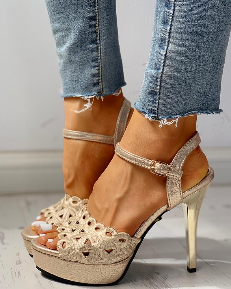 

Open Toe Hollow Out Platform PU Thin Heeled Sandals, Apricot