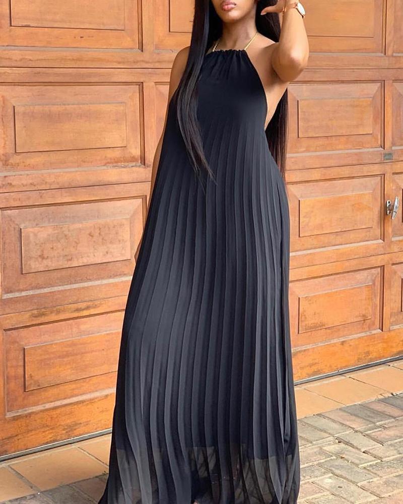 

Halter Backless Pleated Loose Solid Dress, Black