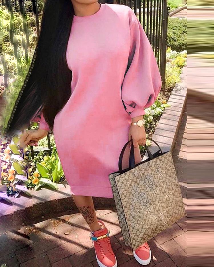 

Lantern Sleeve Round Neck Casual Dress, Pink