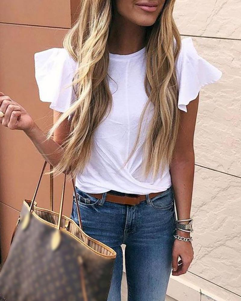 

Solid Ruffles Short Sleeve Ruched T-Shirt