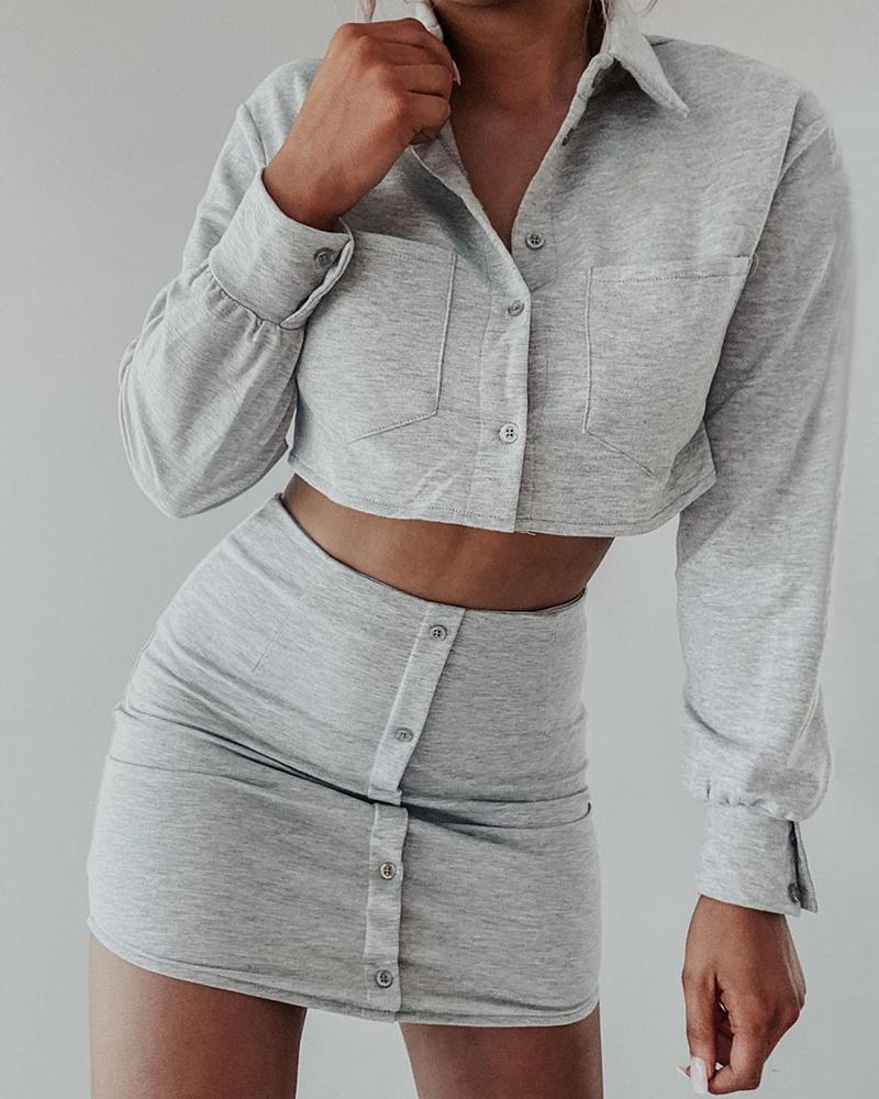 

Solid Bottoned Long Sleeve Top & Skirt Set, Gray