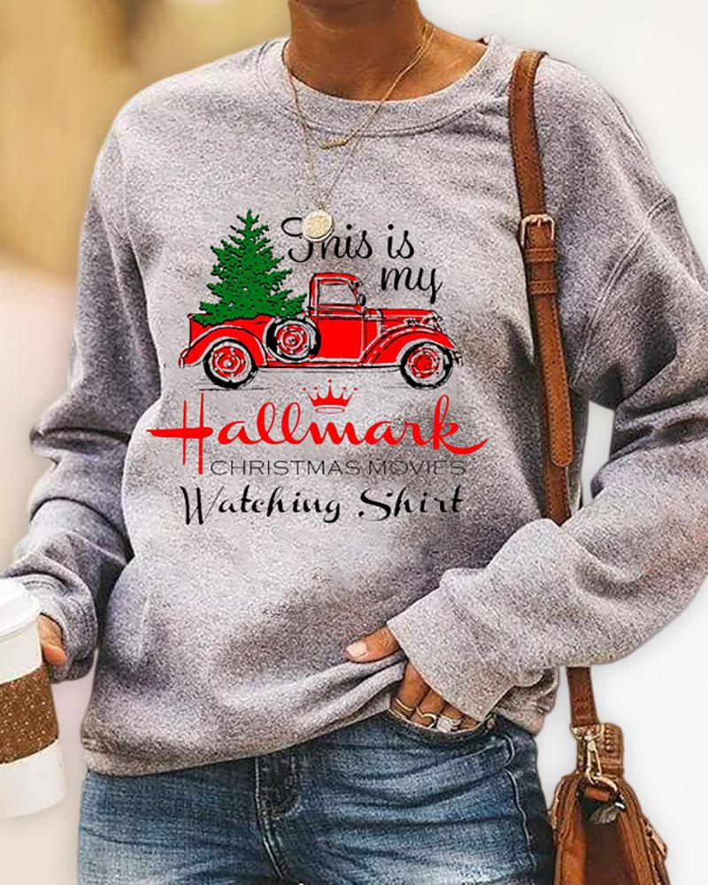 

Christmas Letter Car Print Casual Sweatshirt, Gray