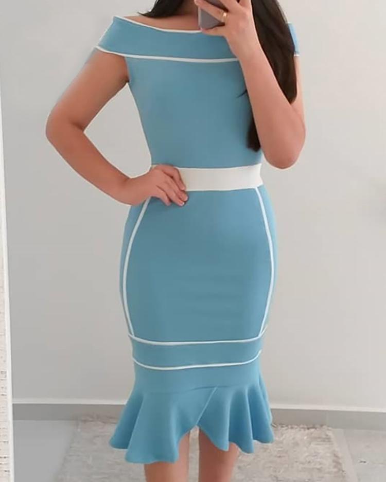 

Contrast Binding Off Shoulder Fishtail Dress