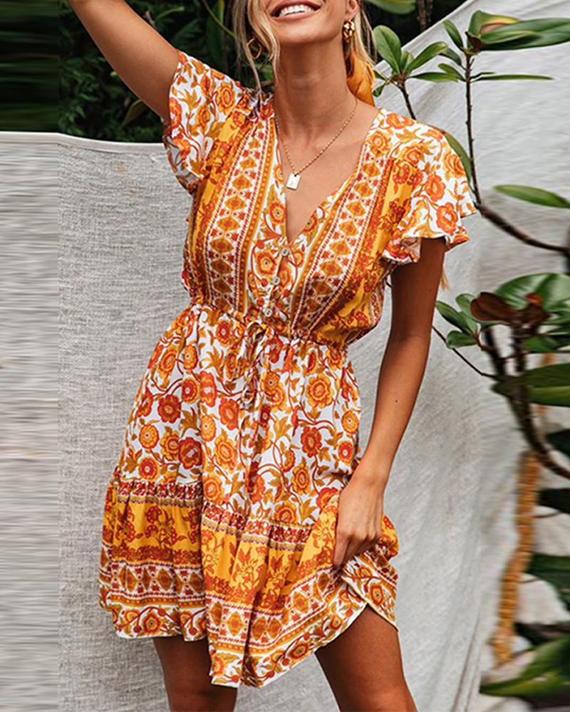 

Boho Print Ruffled Mini Dress, Yellow