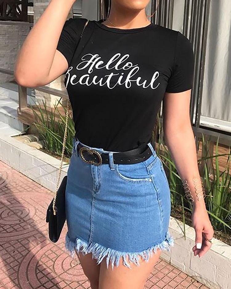 

Frayed Hem Slinky Denim Skirt